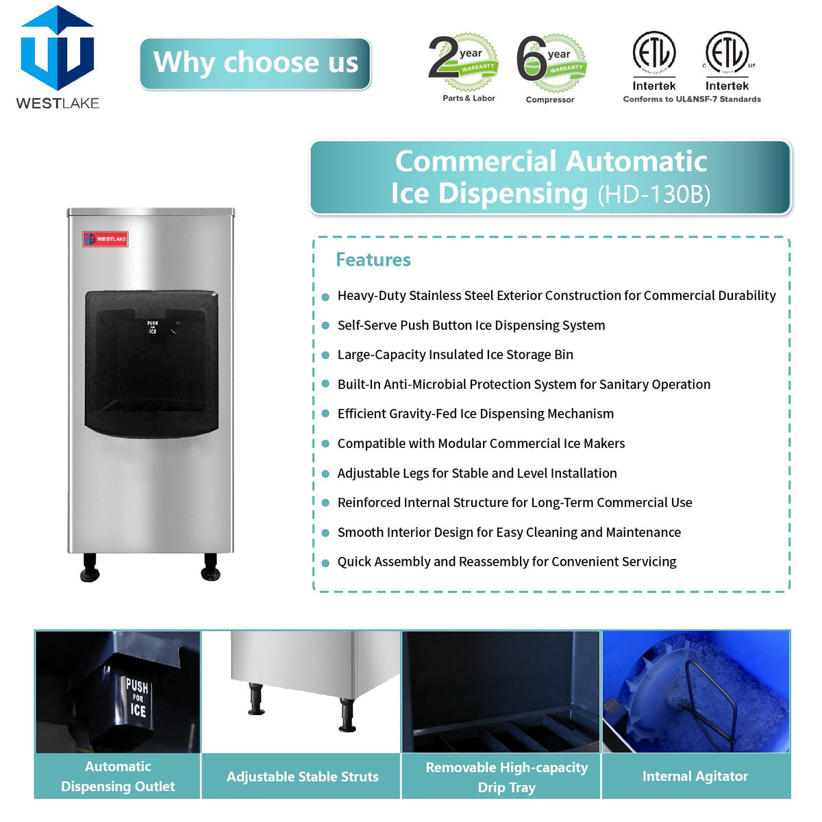 WESTLAKE HD-130B Touchless Ice Dispenser 130 lb Storage