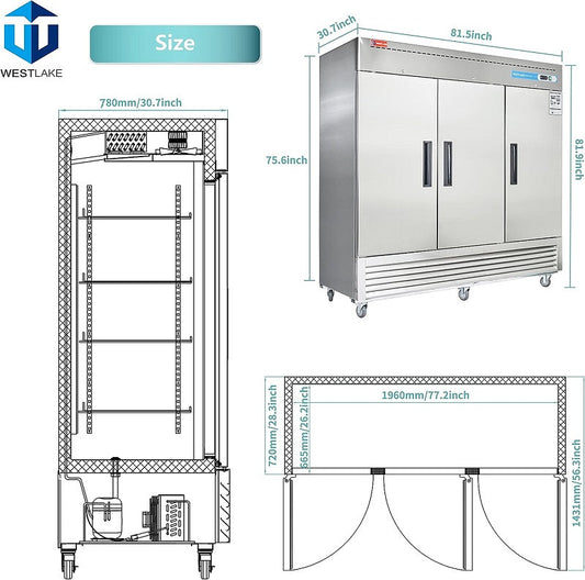 WESTLAKE WKR-82B Reach-In Refrigerator 82" 3-Door 72 Cu.ft Stainless Steel