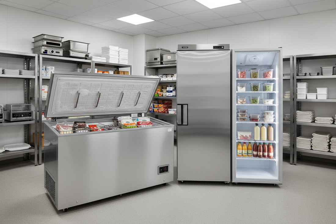 Chest freezer and upright freezer side by side in a commercial restaurant storage room