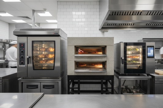 Convection oven, deck oven, and combi oven displayed in a modern professional restaurant kitchen
