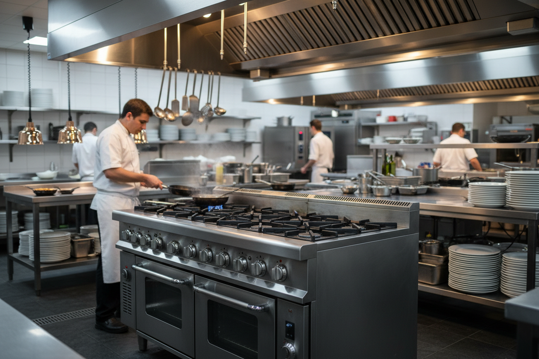 Stainless steel commercial gas range with multiple burners and oven in a professional restaurant kitchen