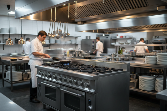 Stainless steel commercial gas range with multiple burners and oven in a professional restaurant kitchen