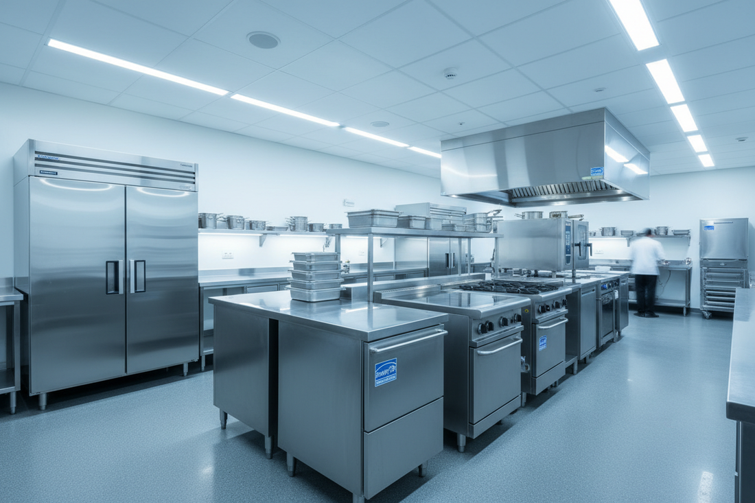 Modern commercial kitchen with energy-efficient stainless steel appliances and LED lighting