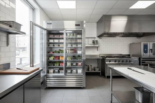 Stainless steel commercial reach-in refrigerator with glass doors in a modern restaurant kitchen