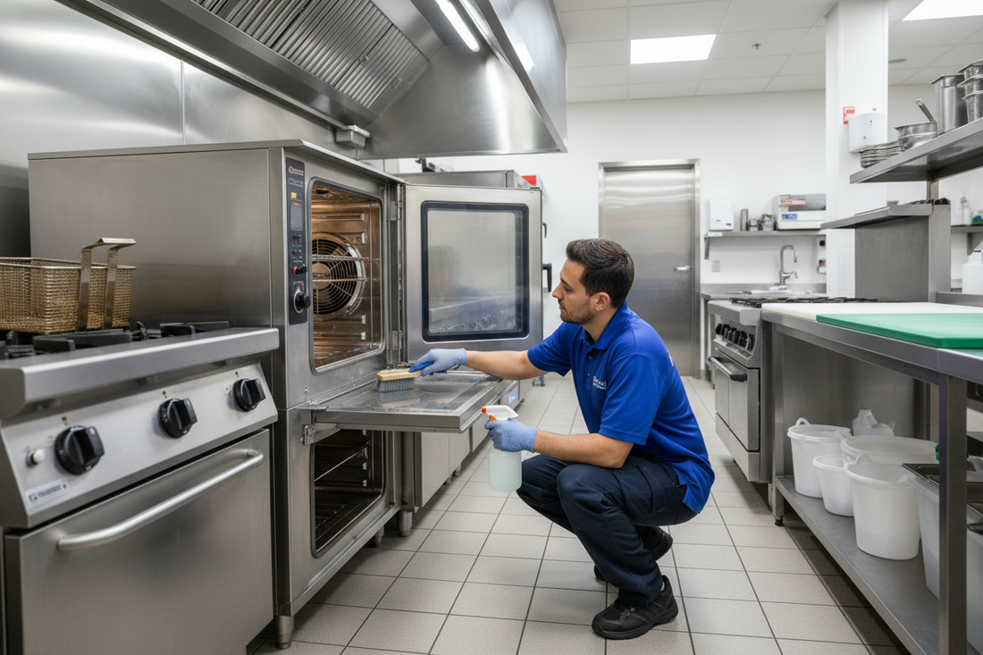 Restaurant technician inspecting and cleaning a stainless steel commercial oven in a professional kitchen