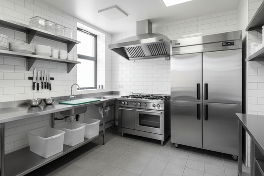 Clean well-organized small commercial kitchen with essential stainless steel equipment including a range, refrigerator, and prep table