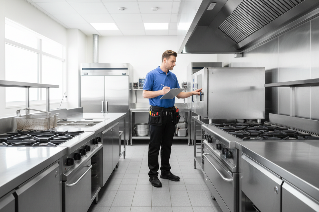 Restaurant technician holding a clipboard doing an equipment inspection in a clean stainless steel commercial kitchen