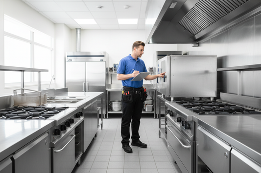 Restaurant technician holding a clipboard doing an equipment inspection in a clean stainless steel commercial kitchen