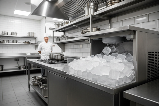 Stainless steel commercial ice maker machine producing clear ice cubes in a restaurant kitchen