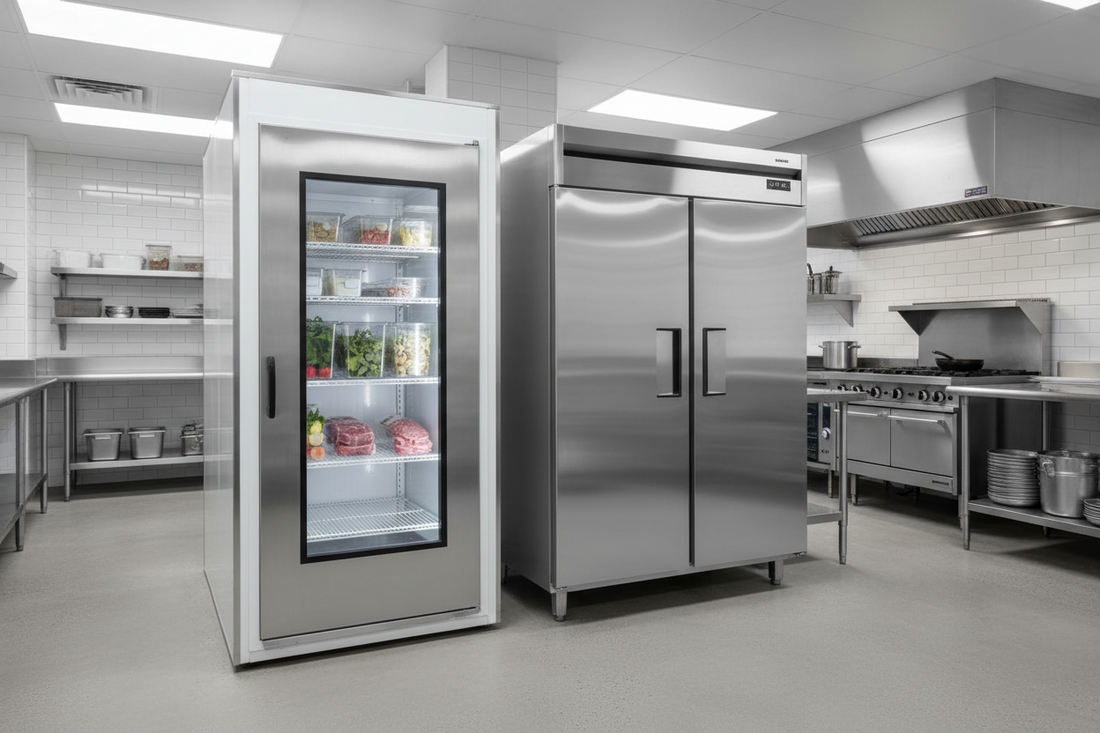 Walk-in cooler and reach-in refrigerator side by side in a commercial restaurant kitchen