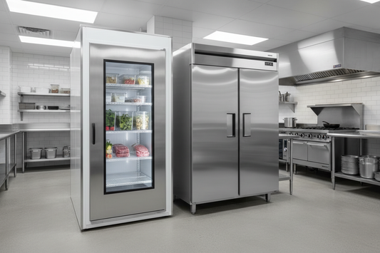 Walk-in cooler and reach-in refrigerator side by side in a commercial restaurant kitchen