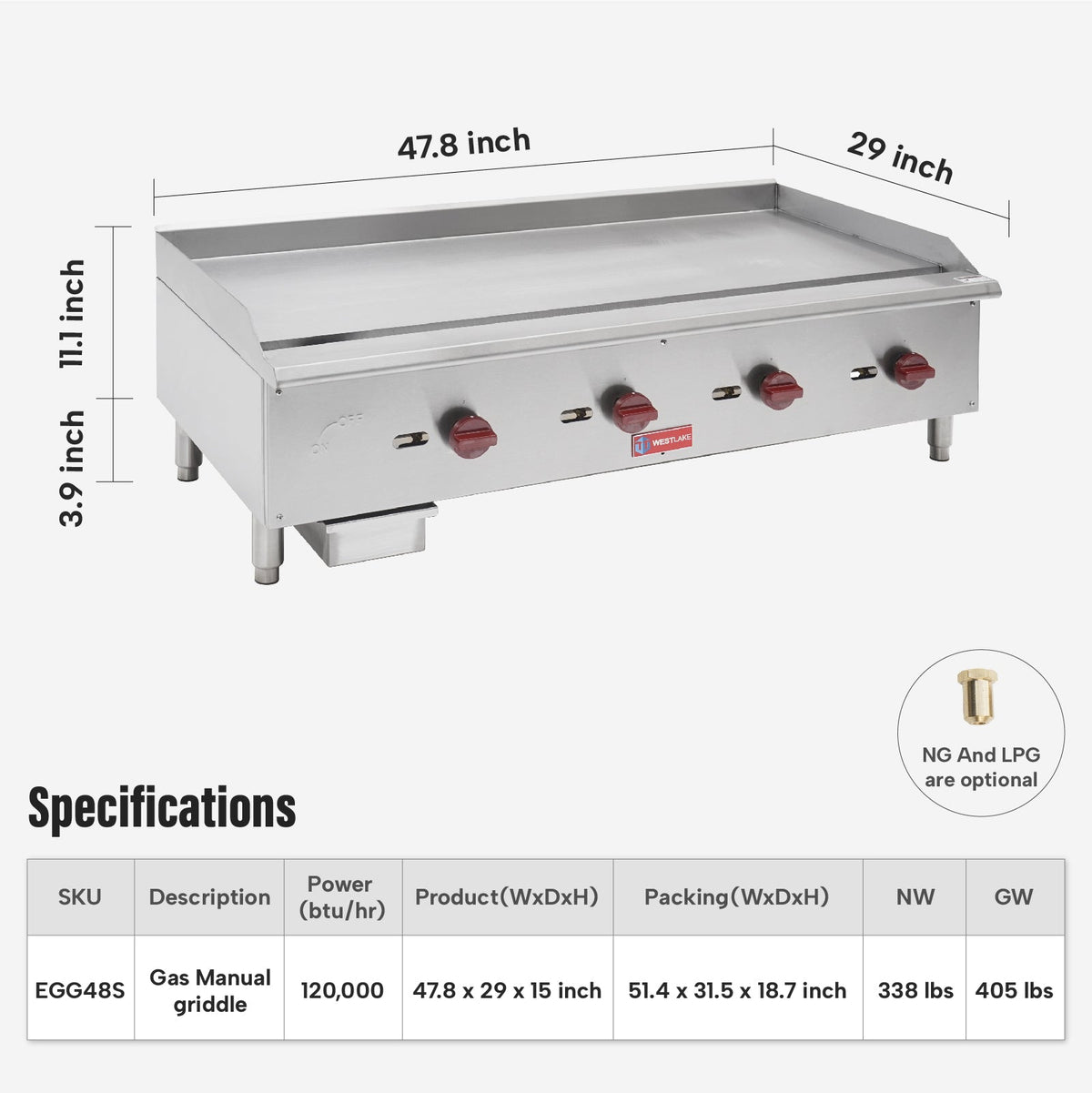 WESTLAKE EGG-48S Gas Griddle 48" 4-Burner 120,000 BTU Stainless Steel