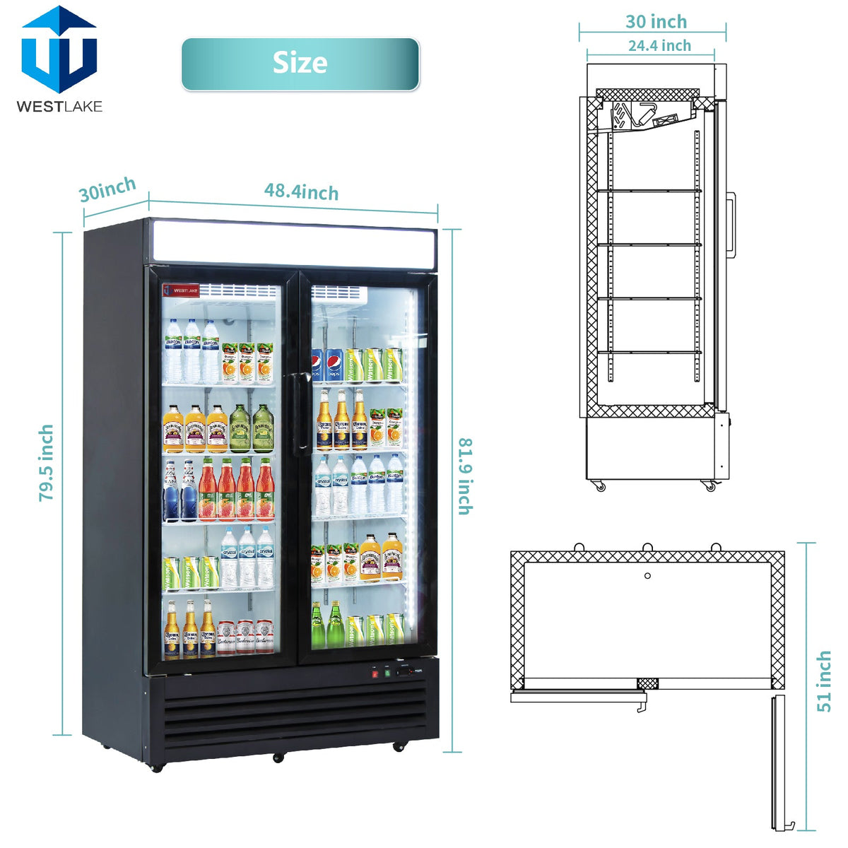 WESTLAKE WKR-48GB Reach-In Refrigerator Merchandiser 48" 2-Glass Door 36 Cu.ft Stainless Steel