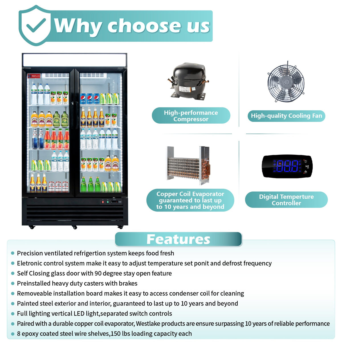 WESTLAKE WKR-48GB Reach-In Refrigerator Merchandiser 48" 2-Glass Door 36 Cu.ft Stainless Steel