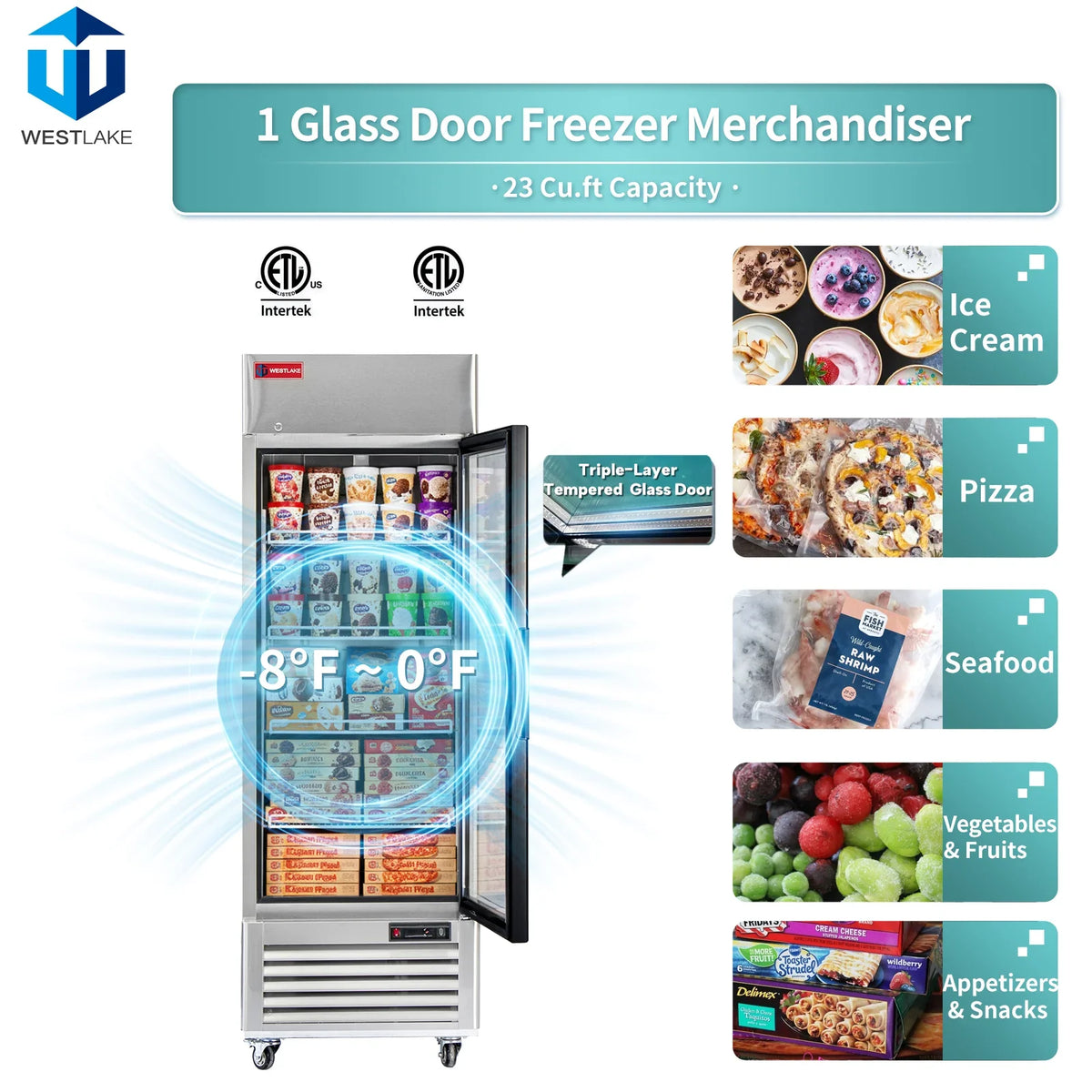 WESTLAKE WK-23FG Reach-In Freezer Merchandiser 27" 1-Glass Door 23 Cu.ft Stainless Steel