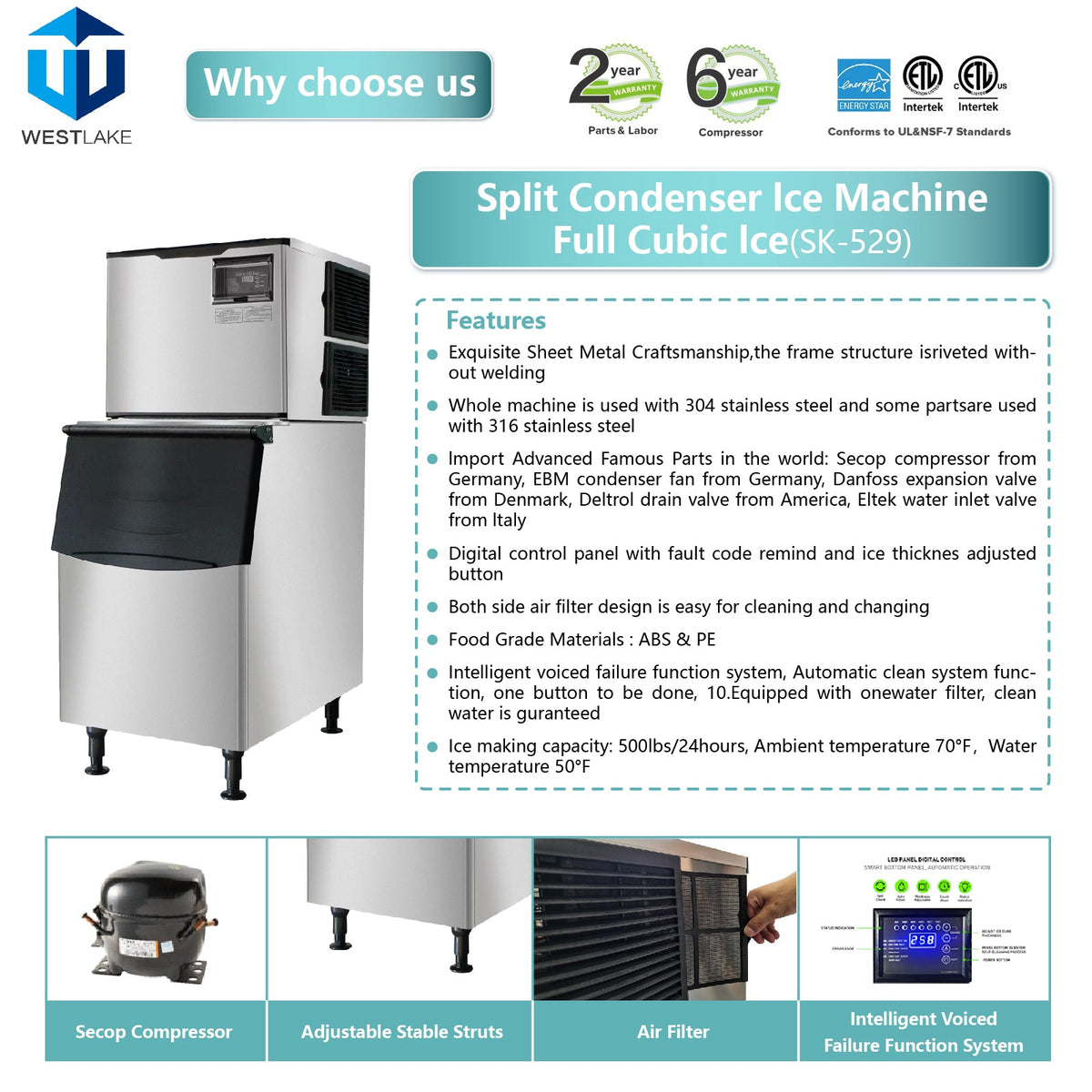 WESTLAKE SK-529 Ice Machine 500 lb. Air Cooled Cube Ice Maker with 440 lb. Bin