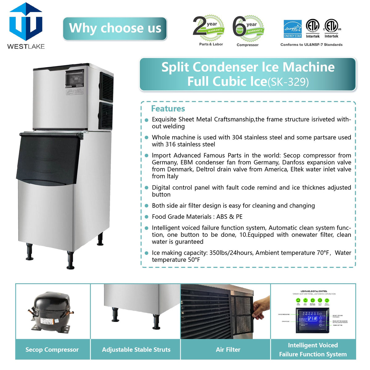 WESTLAKE SK-329 Ice Machine 350 lb. Air Cooled Cube Ice Maker with 308 lb. Bin