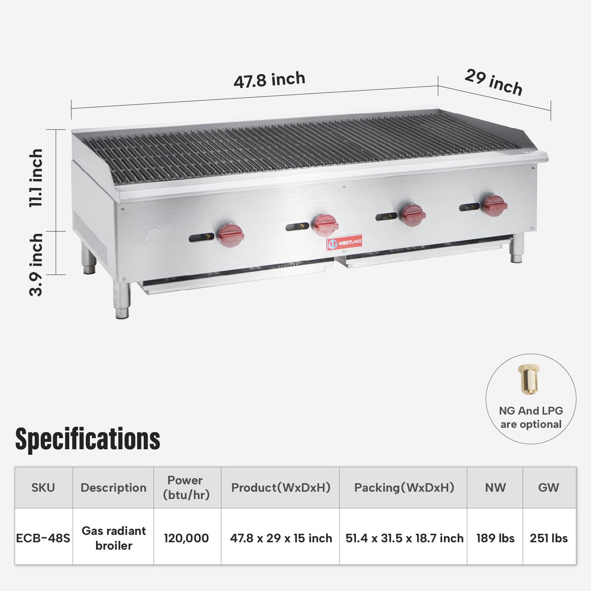 WESTLAKE ECB-48S Gas Charbroiler 48" 4-Burner 120,000 BTU Stainless Steel