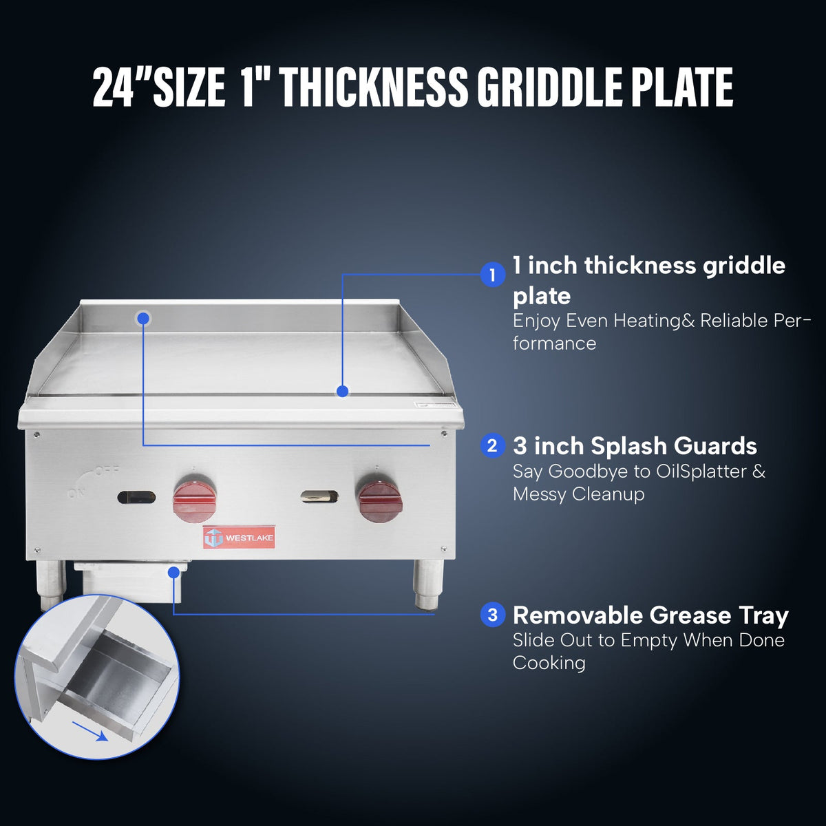 WESTLAKE EGG-24S Gas Griddle 24" 2-Burner 60,000 BTU Stainless Steel