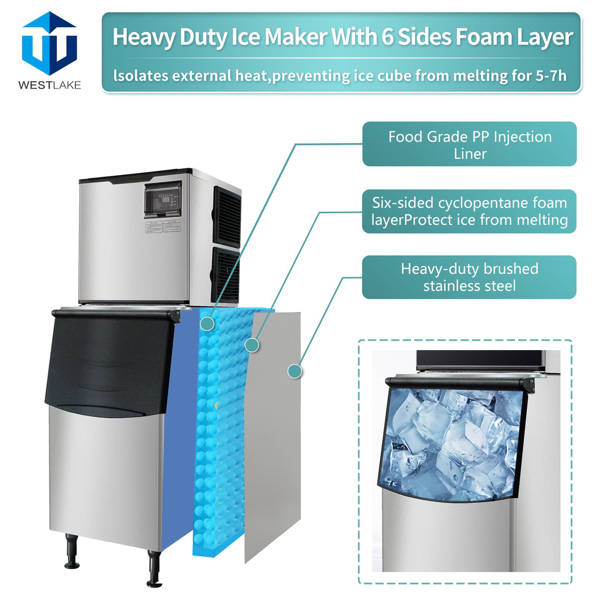 WESTLAKE SK-329 Ice Machine 350 lb. Air Cooled Cube Ice Maker with 308 lb. Bin