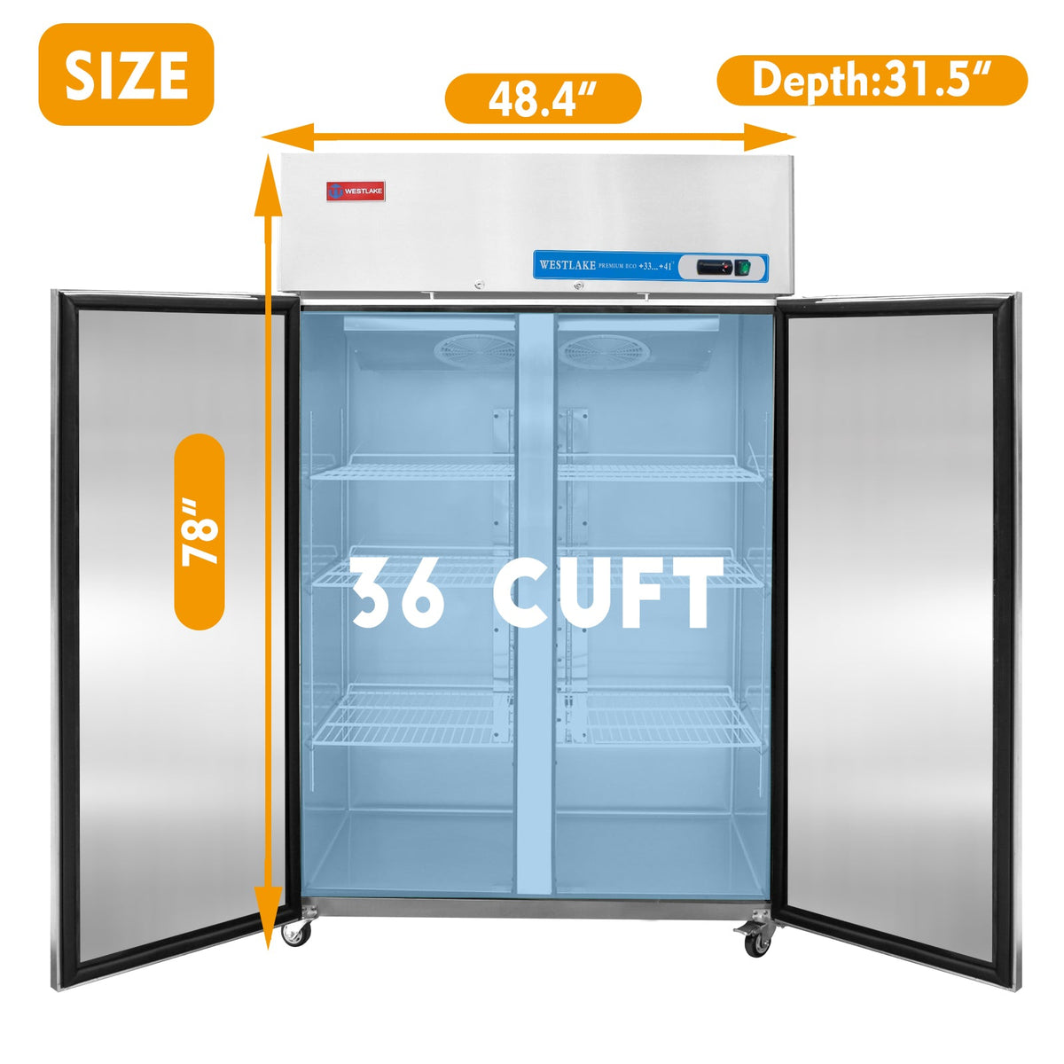 WESTLAKE WK-48R Reach-In Refrigerator 48" 2-Door 36 Cu.ft Stainless Steel