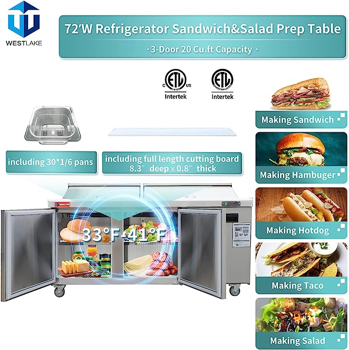 WESTLAKE WKSR-72BM Mega Top Prep Table 72" 3-Door 20 Cu.ft Stainless Steel