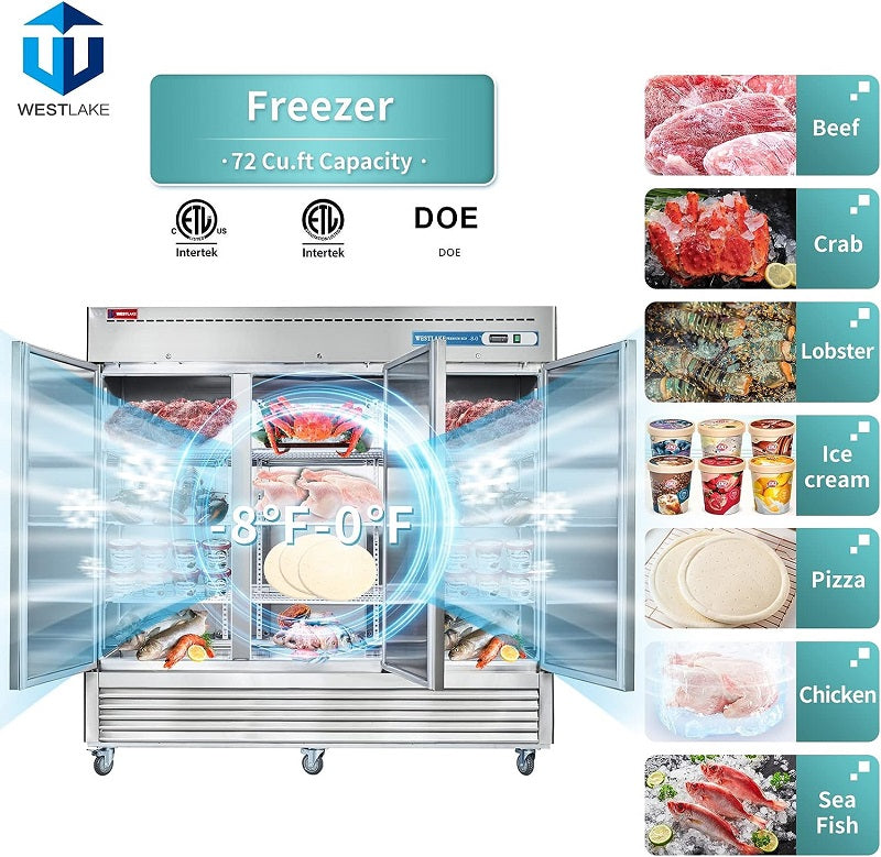 WESTLAKE WKF-82B Reach-In Freezer 82" 3-Door 72 Cu.ft Stainless Steel