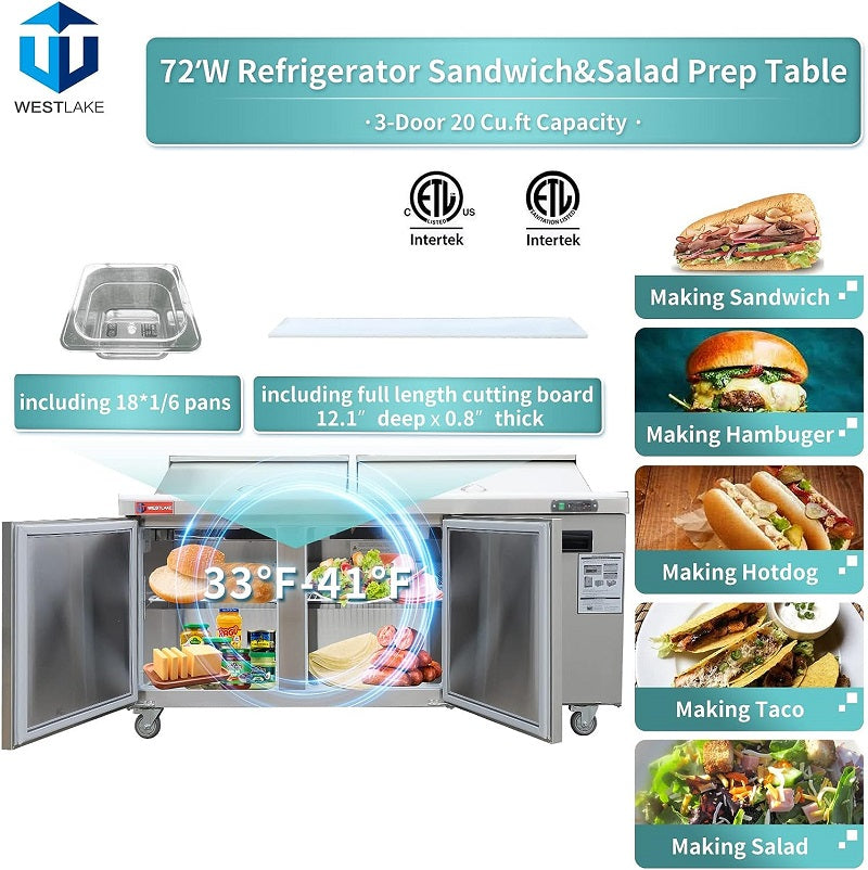 WESTLAKE WKSR-72B Prep Table 72" 3-Door 20 Cu.ft Stainless Steel