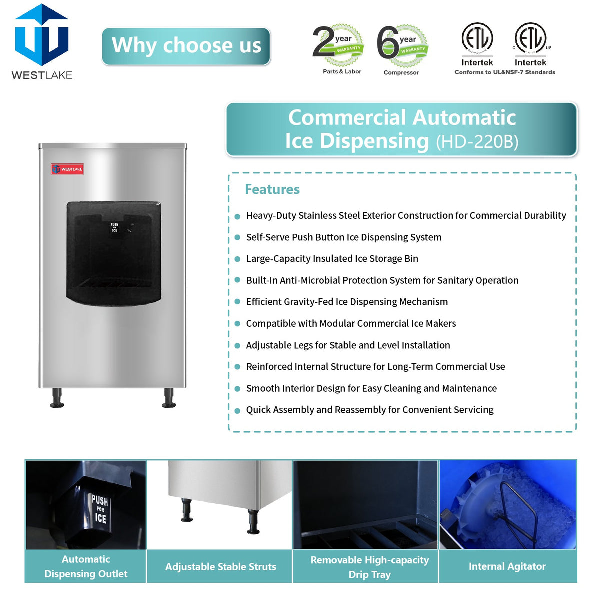 WESTLAKE HD-220B Touchless Ice Dispenser, 220 lb Storage
