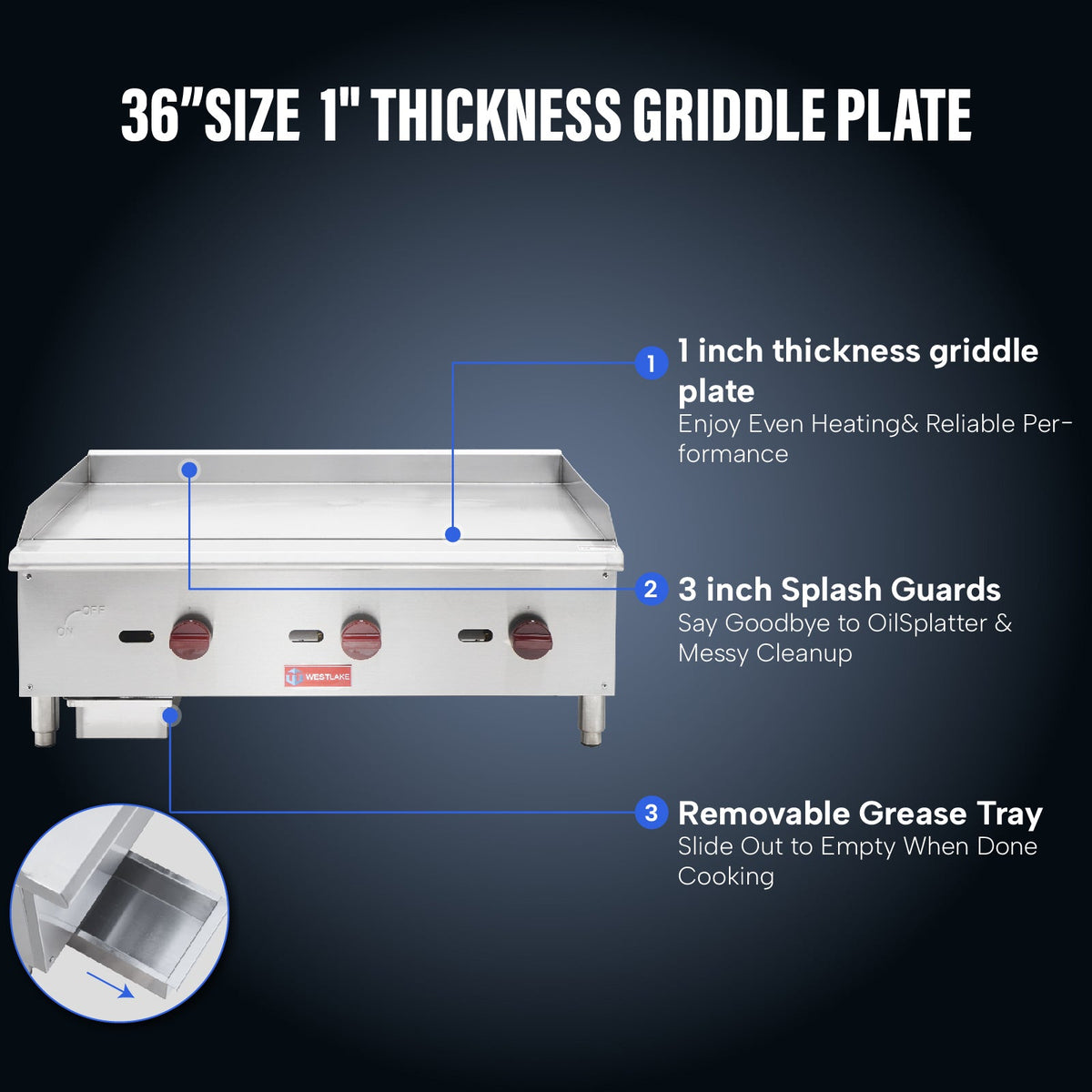 WESTLAKE EGG-36S Gas Griddle 36" 3-Burner 90,000 BTU Stainless Steel
