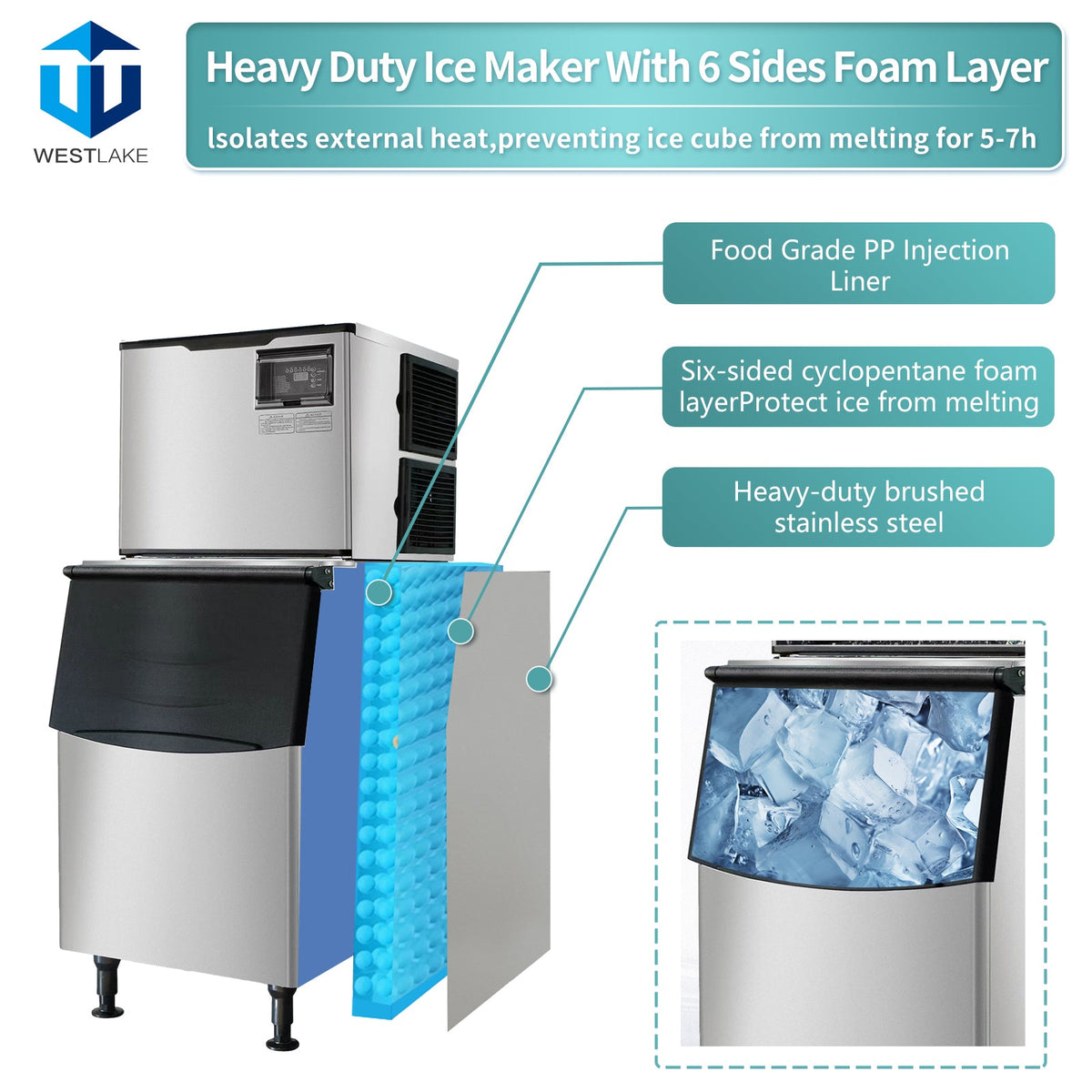 WESTLAKE SK-529 Ice Machine 500 lb. Air Cooled Cube Ice Maker with 440 lb. Bin