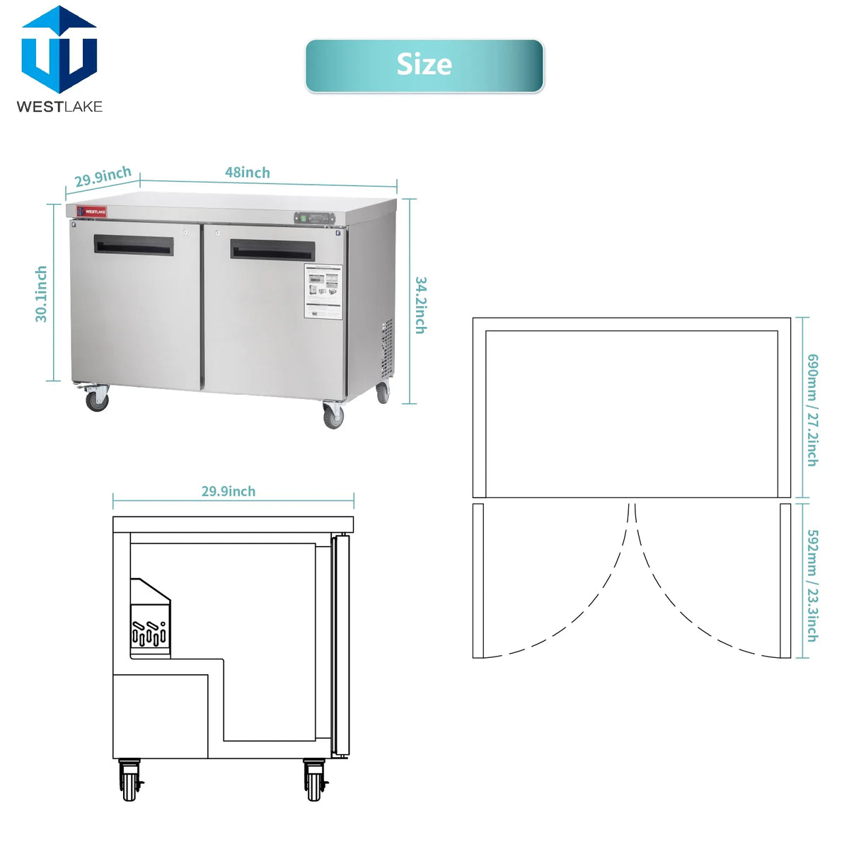 WESTLAKE WKTF-48B Undercounter Freezer 48" 2-Door 12 Cu.ft Stainless Steel