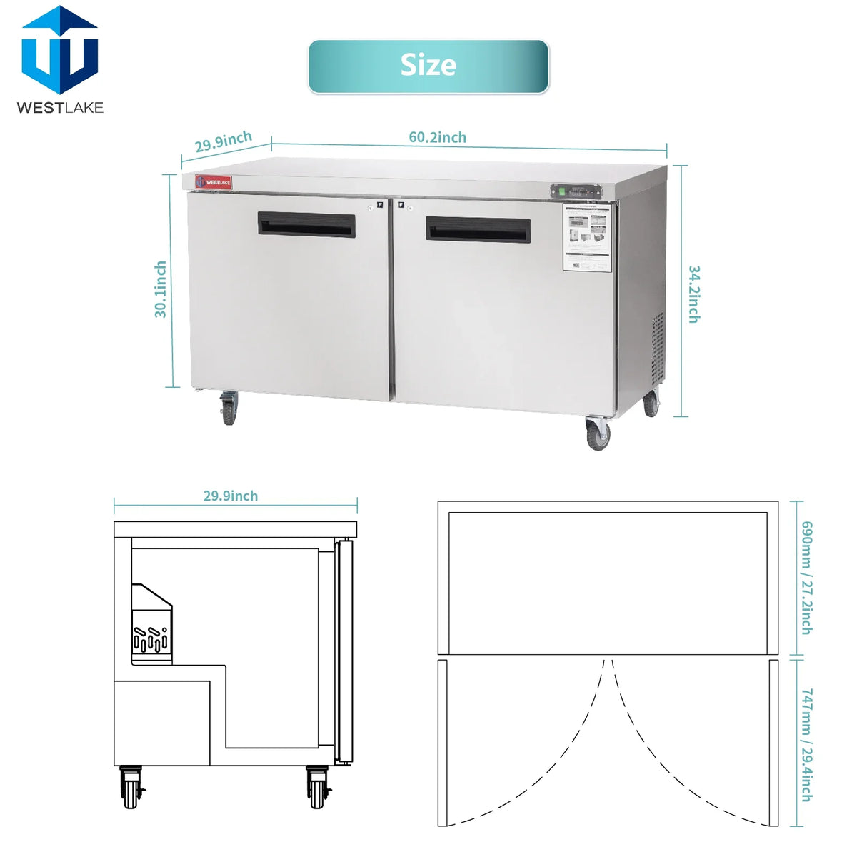 WESTLAKE WKTF-60B Undercounter Freezer 60" 2-Door 14.8 Cu.ft Stainless Steel