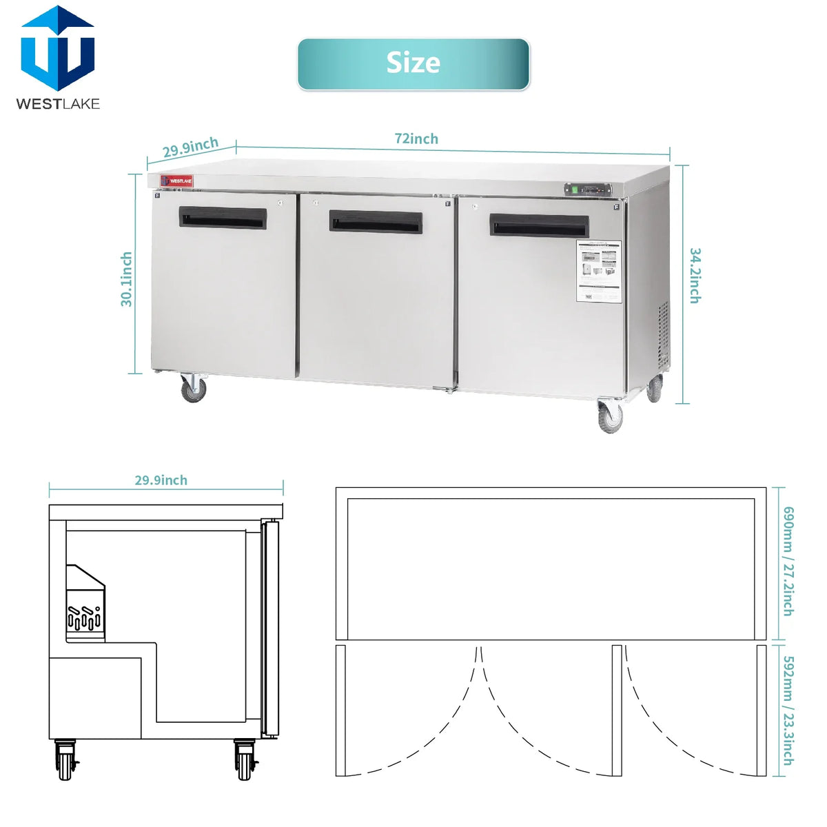 WESTLAKE WKTF-72B Undercounter Freezer 72" 3-Door 17.7 Cu.ft Stainless Steel