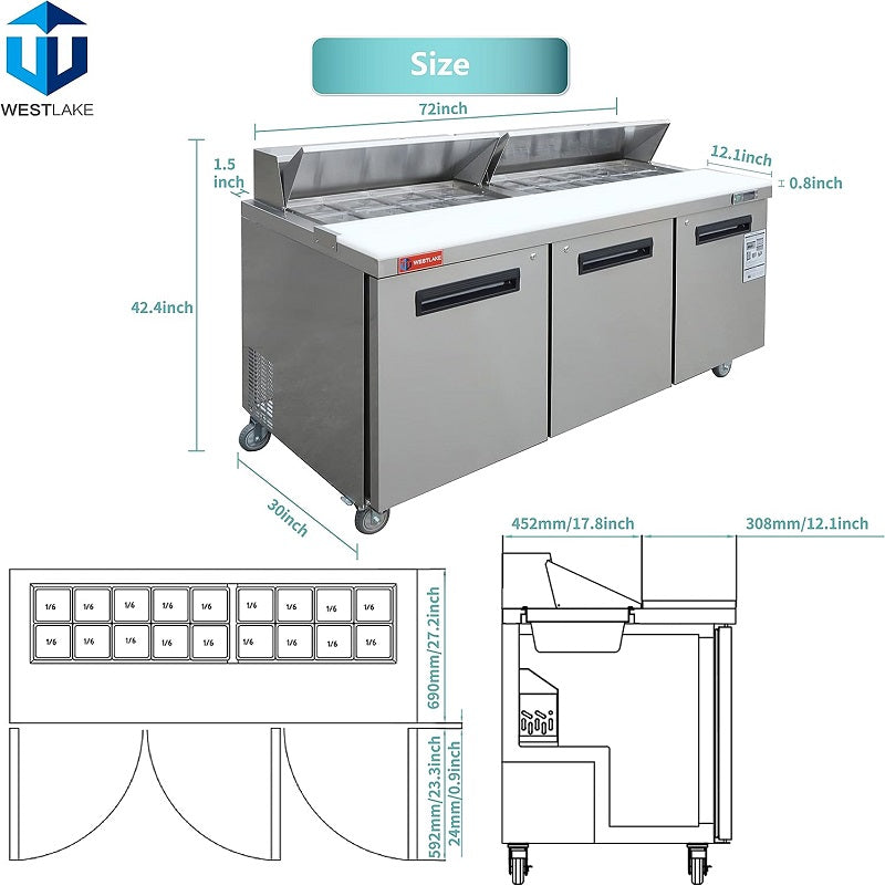 WESTLAKE WKSR-72B Prep Table 72" 3-Door 20 Cu.ft Stainless Steel