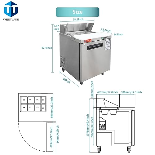 WESTLAKE WKSR-27B Prep Table 27" 1-Door 8-Pan Stainless Steel