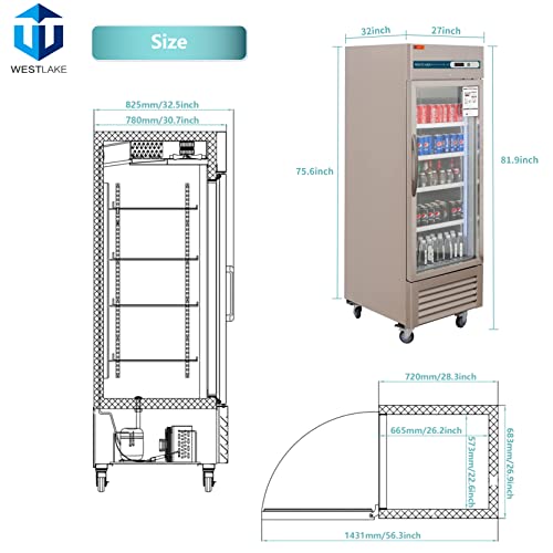 WESTLAKE WKR-23BG Reach-In Refrigerator Merchandiser 27" 1-Glass Door 23 Cu.ft Stainless Steel