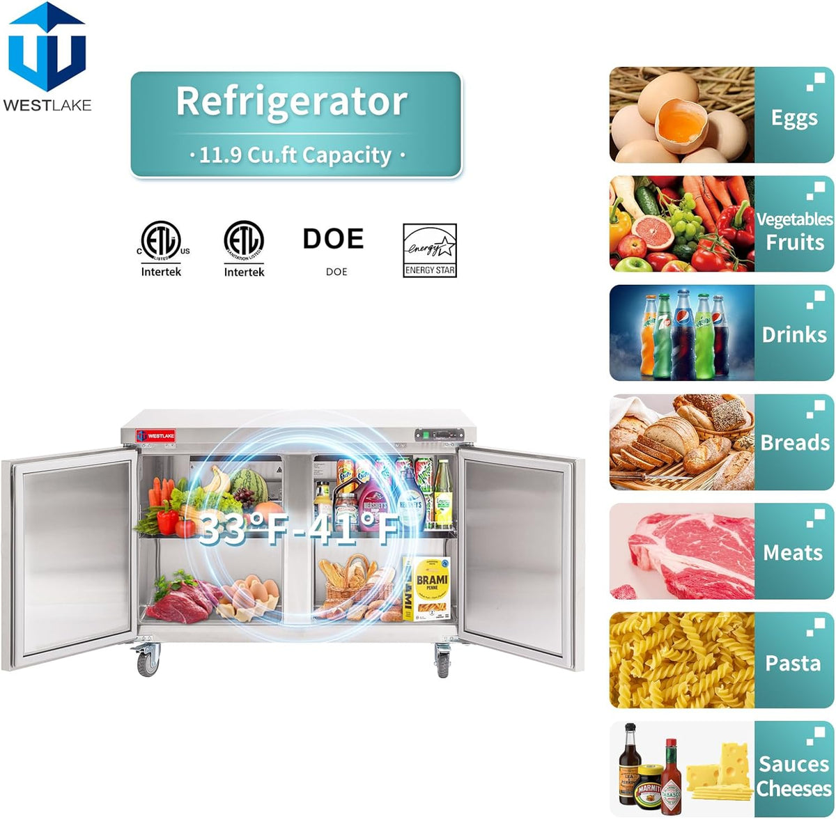 Commercial Undercounter Refrigerator, WESTLAKE 48" Double Door Stainless Steel Lowboy Cooler Worktop Fridge 12 Cu.ft