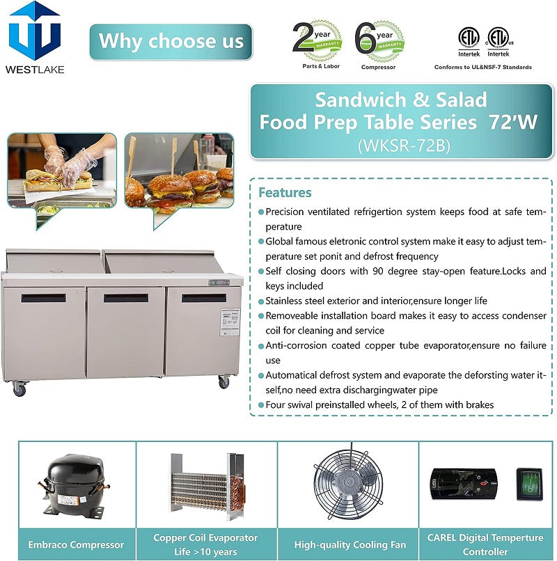WESTLAKE WKSR-72B Prep Table 72" 3-Door 20 Cu.ft Stainless Steel