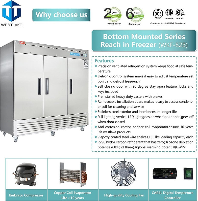 WESTLAKE WKF-82B Reach-In Freezer 82" 3-Door 72 Cu.ft Stainless Steel