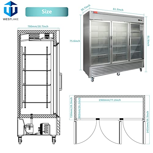 WESTLAKE WKR-82BG Reach-In Refrigerator Merchandiser 82" 3-Glass Door 72 Cu.ft Stainless Steel