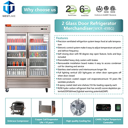 WESTLAKE WKR-49BG Reach-In Refrigerator Merchandiser 54" 2-Glass Door 49 Cu.ft Stainless Steel