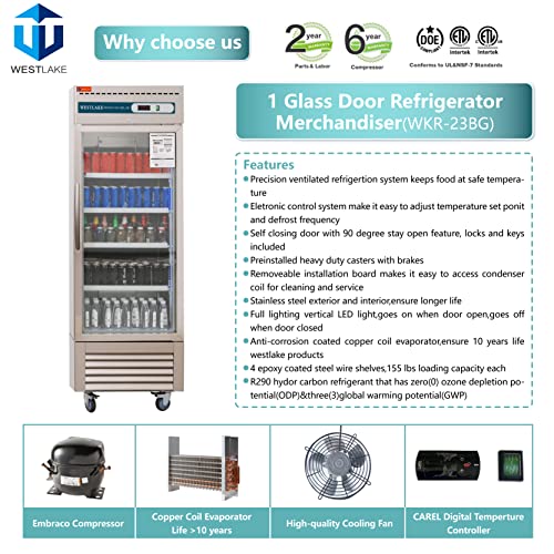 WESTLAKE WKR-23BG Reach-In Refrigerator Merchandiser 27" 1-Glass Door 23 Cu.ft Stainless Steel