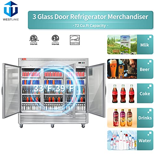 WESTLAKE WKR-82BG Reach-In Refrigerator Merchandiser 82" 3-Glass Door 72 Cu.ft Stainless Steel