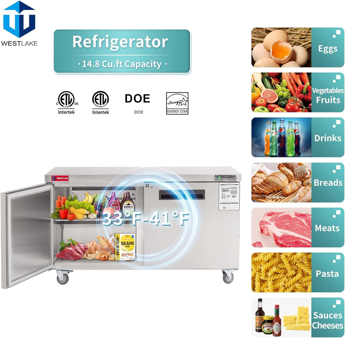 WESTLAKE WKTR-60B Undercounter Refrigerator 60" 2-Door 14.8 Cu.ft Stainless Steel