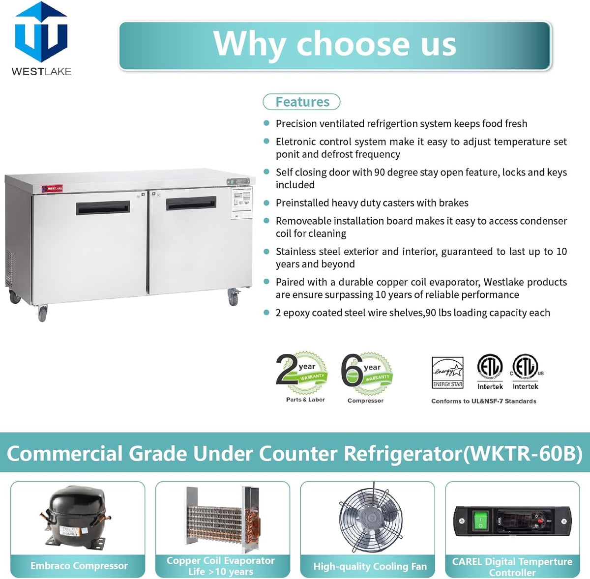 WESTLAKE WKTR-60B Undercounter Refrigerator 60" 2-Door 14.8 Cu.ft Stainless Steel