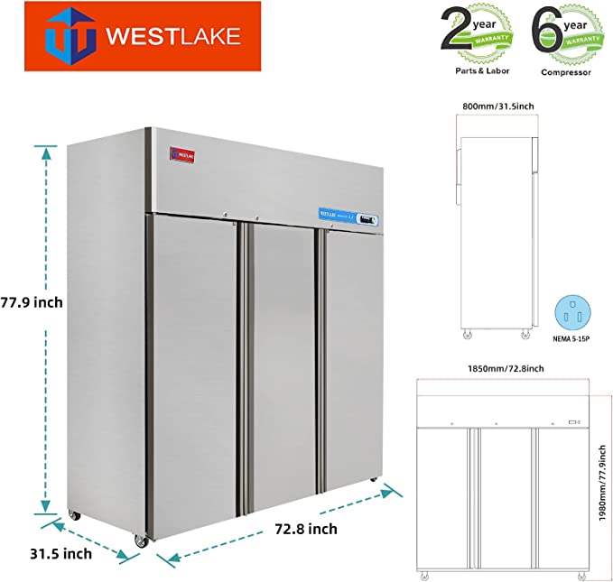 WESTLAKE WK-72F Reach-In Freezer 72" 3-Door 54 Cu.ft Stainless Steel