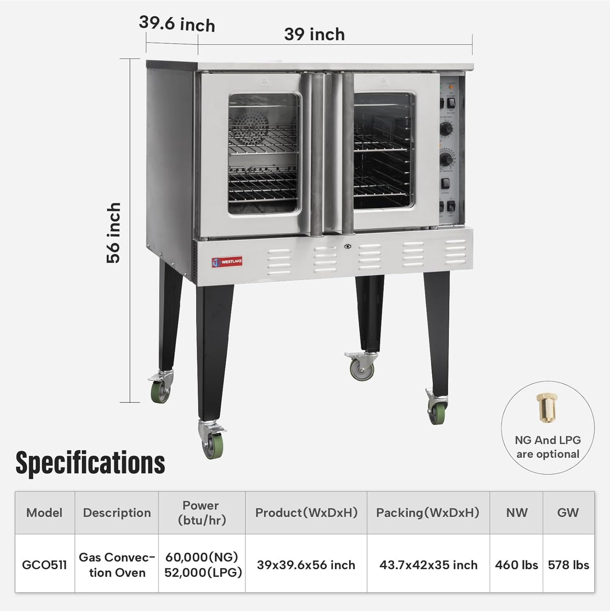 WESTLAKE GCO511 Gas Convection Oven 39" Single Deck Full Size 60, 000 BTU Stainless Steel