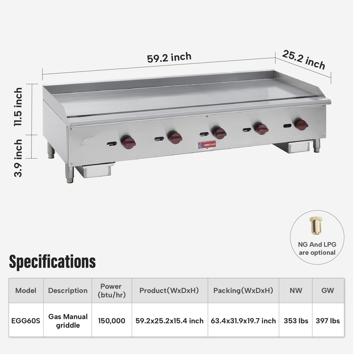 WESTLAKE EGG-60S Gas Griddle 60" 5-Burner 150,000 BTU Stainless Steel