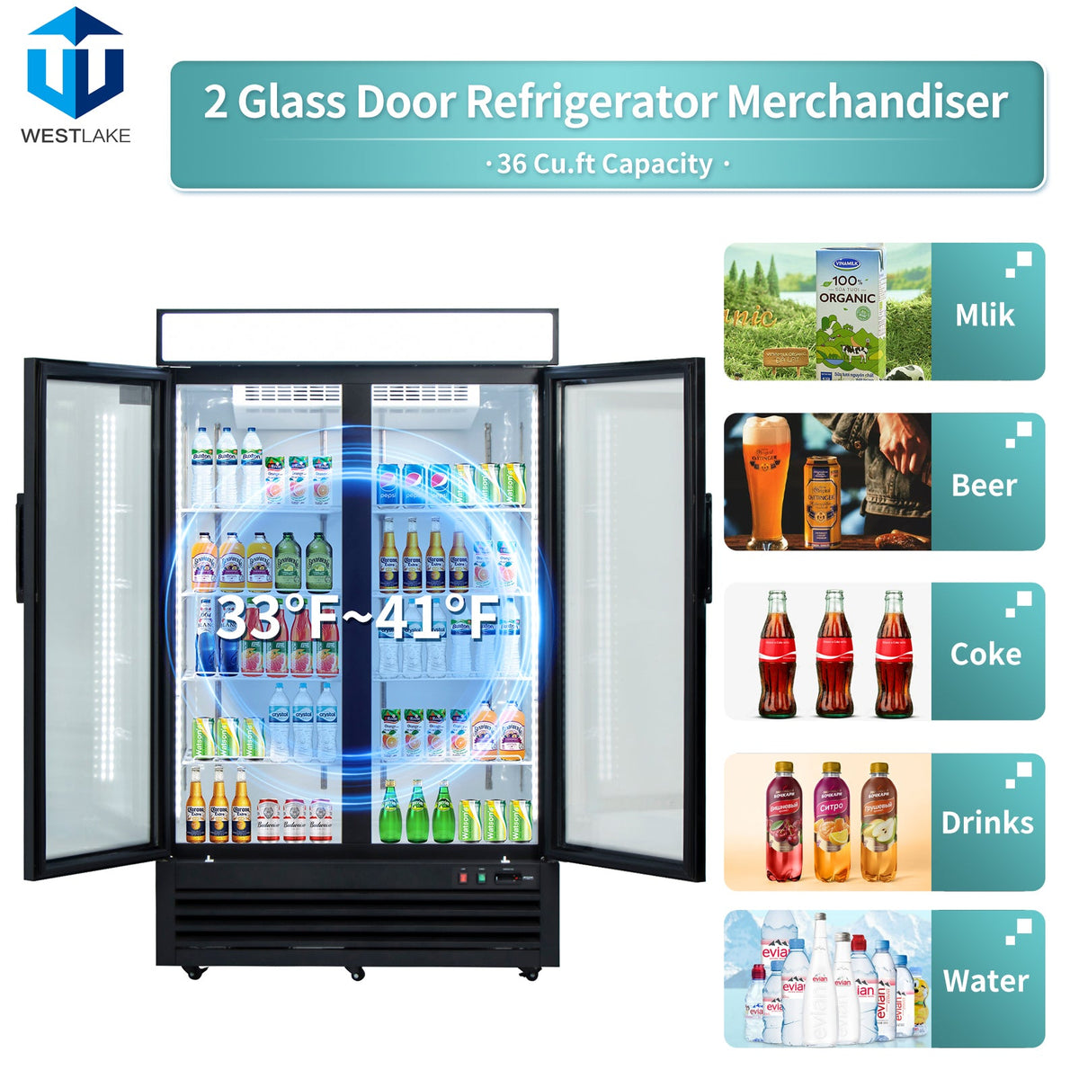WESTLAKE WKR-48GB Reach-In Refrigerator Merchandiser 48" 2-Glass Door 36 Cu.ft Stainless Steel